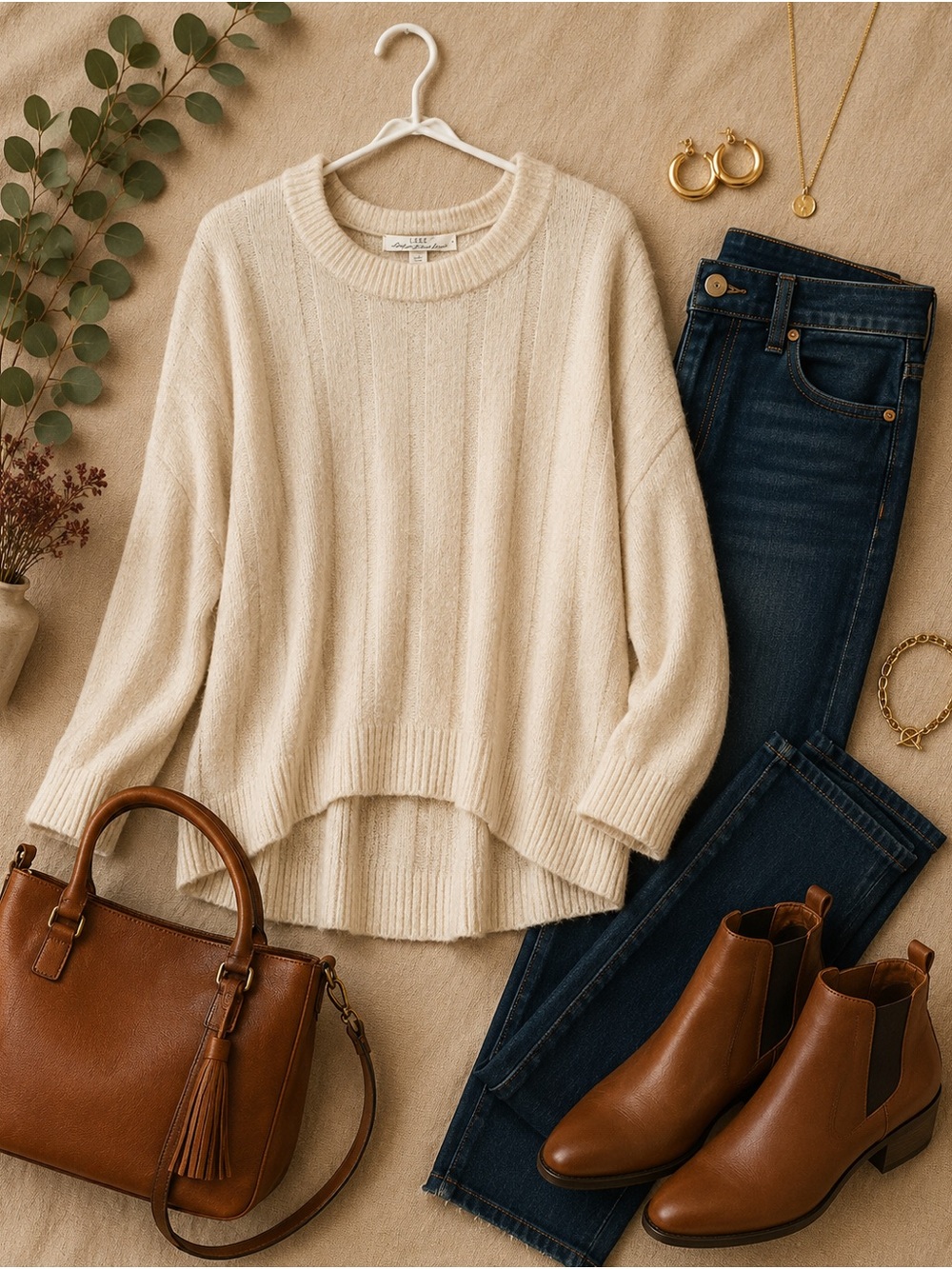 H&M Cream Ribbed Crewneck Sweater